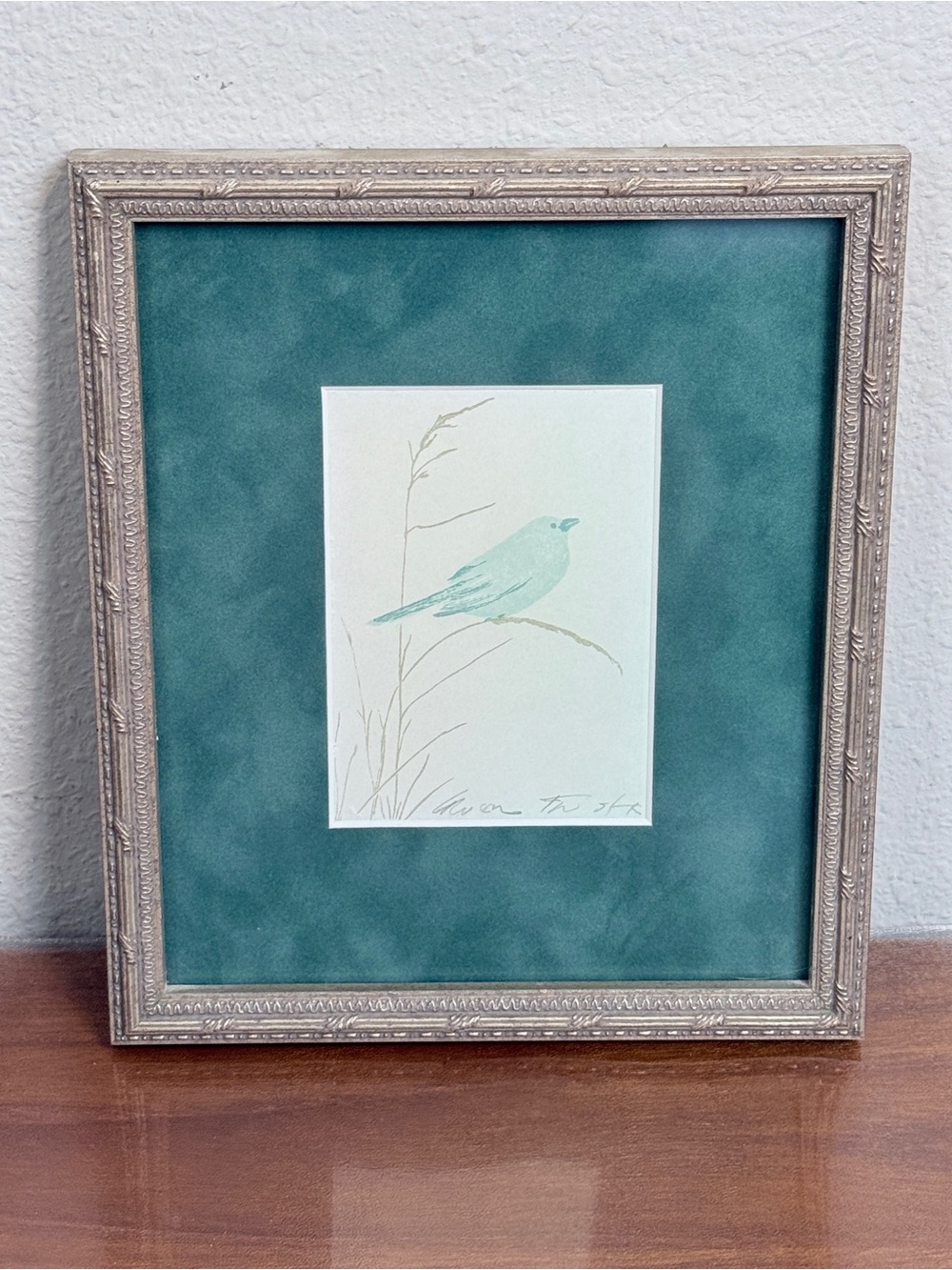 Small Bird Art Print Teal Mat Framed Signed 7.5x8.5